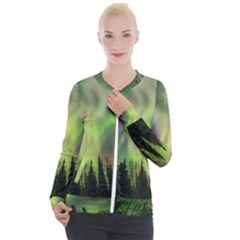 Aurora Borealis In Sky Over Forest Casual Zip Up Jacket by danenraven