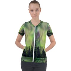 Aurora Borealis In Sky Over Forest Short Sleeve Zip Up Jacket by danenraven