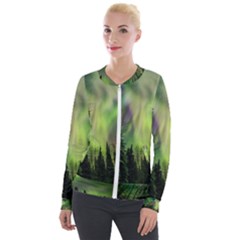 Aurora Borealis In Sky Over Forest Velvet Zip Up Jacket by danenraven