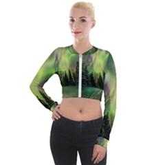 Aurora Borealis In Sky Over Forest Long Sleeve Cropped Velvet Jacket by danenraven