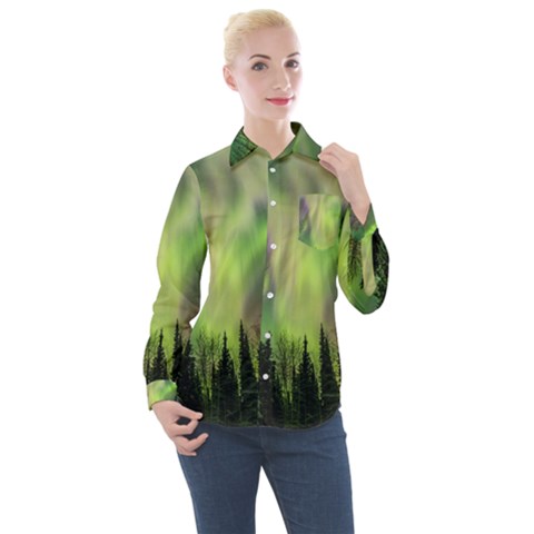 Aurora Borealis In Sky Over Forest Women s Long Sleeve Pocket Shirt by danenraven