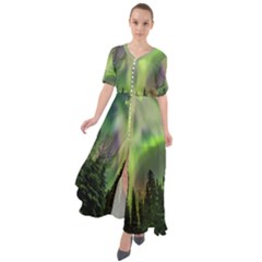 Aurora Borealis In Sky Over Forest Waist Tie Boho Maxi Dress by danenraven