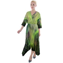 Aurora Borealis In Sky Over Forest Quarter Sleeve Wrap Front Maxi Dress by danenraven