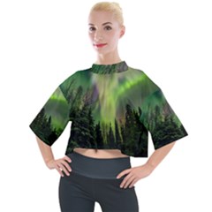 Aurora Borealis In Sky Over Forest Mock Neck Tee by danenraven