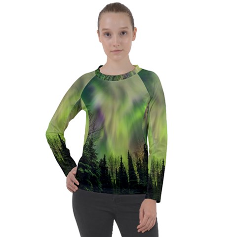 Aurora Borealis In Sky Over Forest Women s Long Sleeve Raglan Tee by danenraven