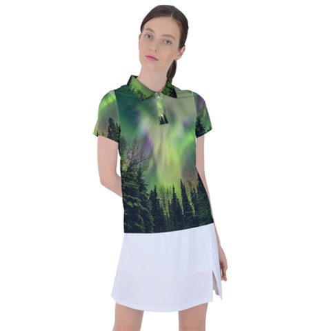 Aurora Borealis In Sky Over Forest Women s Polo Tee by danenraven