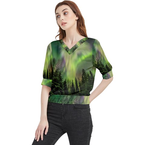 Aurora Borealis In Sky Over Forest Quarter Sleeve Blouse by danenraven