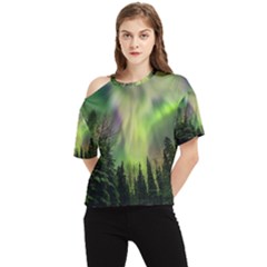 Aurora Borealis In Sky Over Forest One Shoulder Cut Out Tee by danenraven