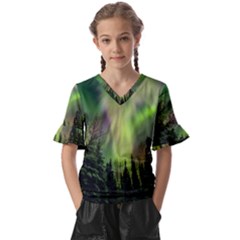 Aurora Borealis In Sky Over Forest Kids  V-neck Horn Sleeve Blouse by danenraven