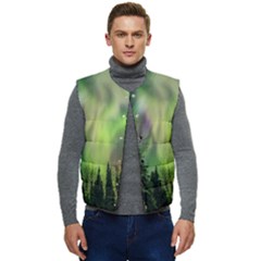 Aurora Borealis In Sky Over Forest Men s Short Button Up Puffer Vest	 by danenraven