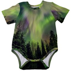 Aurora Borealis In Sky Over Forest Baby Short Sleeve Onesie Bodysuit by danenraven