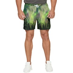 Aurora Borealis In Sky Over Forest Men s Runner Shorts by danenraven