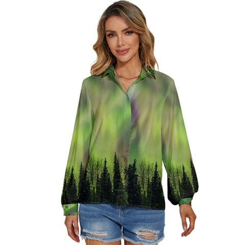 Aurora Borealis In Sky Over Forest Women s Long Sleeve Button Down Shirt by danenraven