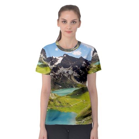 Aerial View Of Mountain And Body Of Water Women s Sport Mesh Tee by danenraven