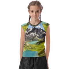 Aerial View Of Mountain And Body Of Water Kids  Raglan Cap Sleeve Tee by danenraven