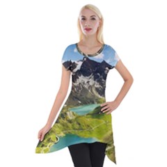 Aerial View Of Mountain And Body Of Water Short Sleeve Side Drop Tunic by danenraven