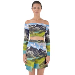 Aerial View Of Mountain And Body Of Water Off Shoulder Top With Skirt Set by danenraven