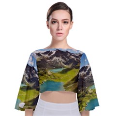 Aerial View Of Mountain And Body Of Water Tie Back Butterfly Sleeve Chiffon Top by danenraven