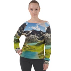 Aerial View Of Mountain And Body Of Water Off Shoulder Long Sleeve Velour Top by danenraven