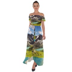 Aerial View Of Mountain And Body Of Water Off Shoulder Open Front Chiffon Dress by danenraven