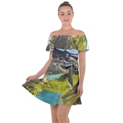 Aerial View Of Mountain And Body Of Water Off Shoulder Velour Dress by danenraven