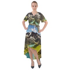 Aerial View Of Mountain And Body Of Water Front Wrap High Low Dress by danenraven