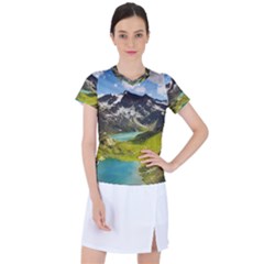 Aerial View Of Mountain And Body Of Water Women s Sports Top by danenraven