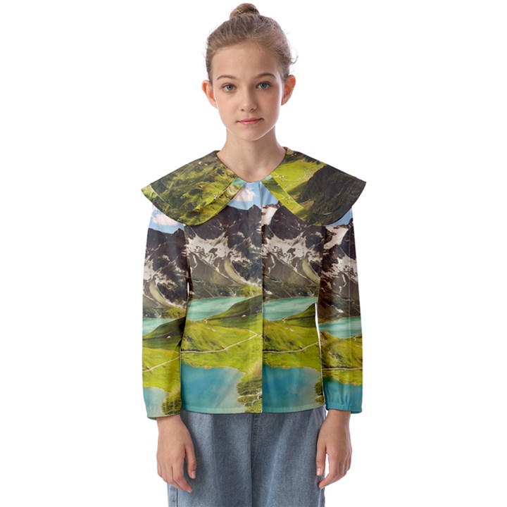 Aerial View Of Mountain And Body Of Water Kids  Peter Pan Collar Blouse