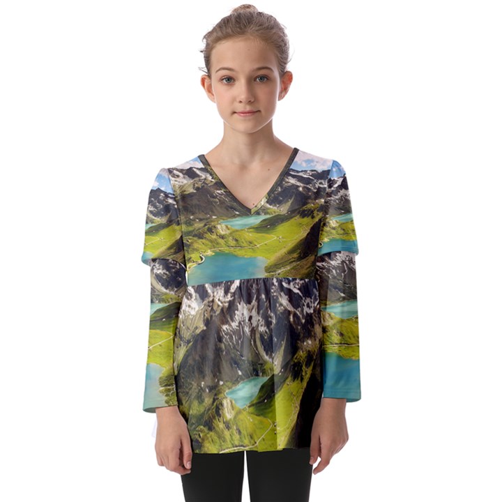 Aerial View Of Mountain And Body Of Water Kids  V Neck Casual Top