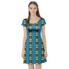 Square And Circles Blue Short Sleeve Skater Dress by FunDressesShop