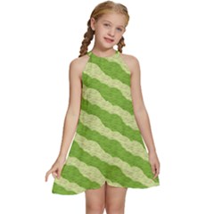 Textured Green Circles Pattern Kids  Halter Collar Waist Tie Chiffon Dress by FunDressesShop