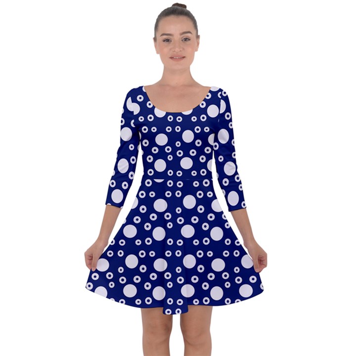 White Circles Blue Quarter Sleeve Skater Dress