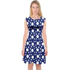 White Circles Blue Capsleeve Midi Dress by FunDressesShop