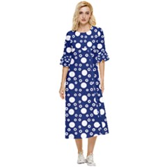 White Circles Blue Double Cuff Midi Dress by FunDressesShop