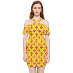 Flowers Shapes On Yellow Shoulder Frill Bodycon Summer Dress by FunDressesShop