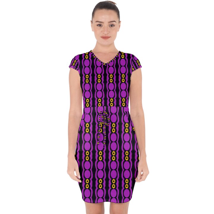 Purple And Yellow Circles On Black Capsleeve Drawstring Dress 