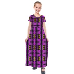 Purple And Yellow Circles On Black Kids  Short Sleeve Maxi Dress by FunDressesShop