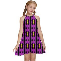 Purple And Yellow Circles On Black Kids  Halter Collar Waist Tie Chiffon Dress by FunDressesShop