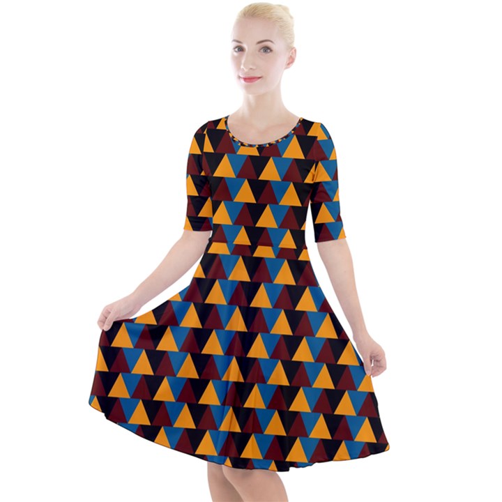 Colorful Triangles on black Quarter Sleeve A-Line Dress