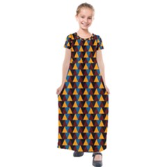 Colorful Triangles On Black Kids  Short Sleeve Maxi Dress by FunDressesShop