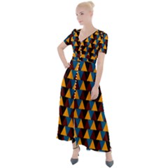 Colorful Triangles On Black Button Up Short Sleeve Maxi Dress by FunDressesShop