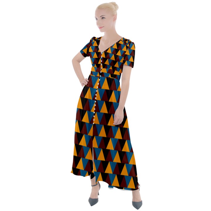 Colorful Triangles on black Button Up Short Sleeve Maxi Dress