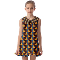 Colorful Triangles On Black Kids  Pilgrim Collar Ruffle Hem Dress