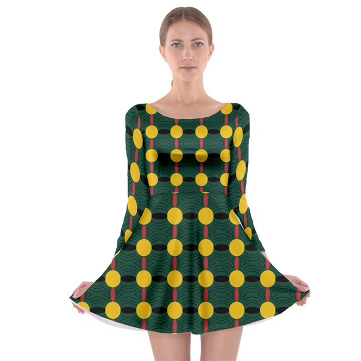 Circles And Ovals on green Long Sleeve Skater Dress