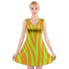 Abstract Zebra Stripes Orange V-neck Sleeveless Dress by FunDressesShop