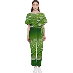 Green Water Leaf Batwing Lightweight Chiffon Jumpsuit by artworkshop