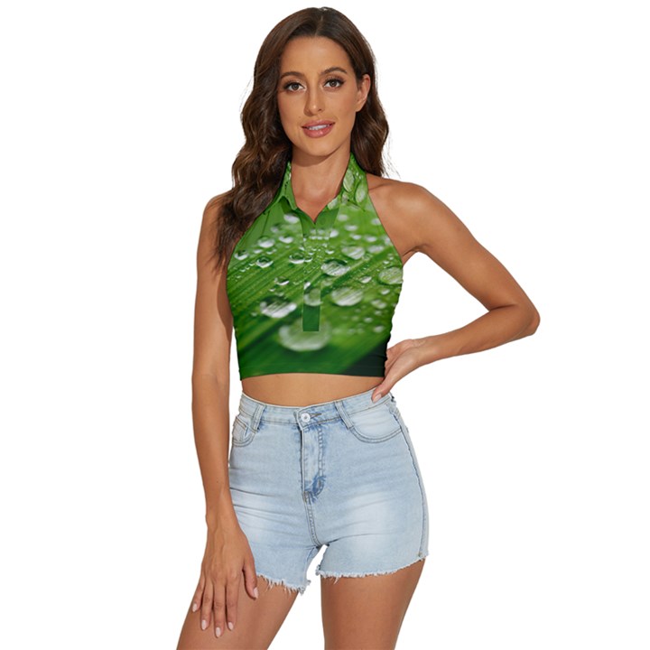 Green Water Leaf Backless Halter Cami Shirt