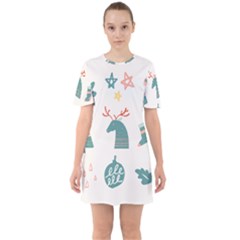 Reindeer Stars Socks Stick Candy Cane Sixties Short Sleeve Mini Dress by artworkshop