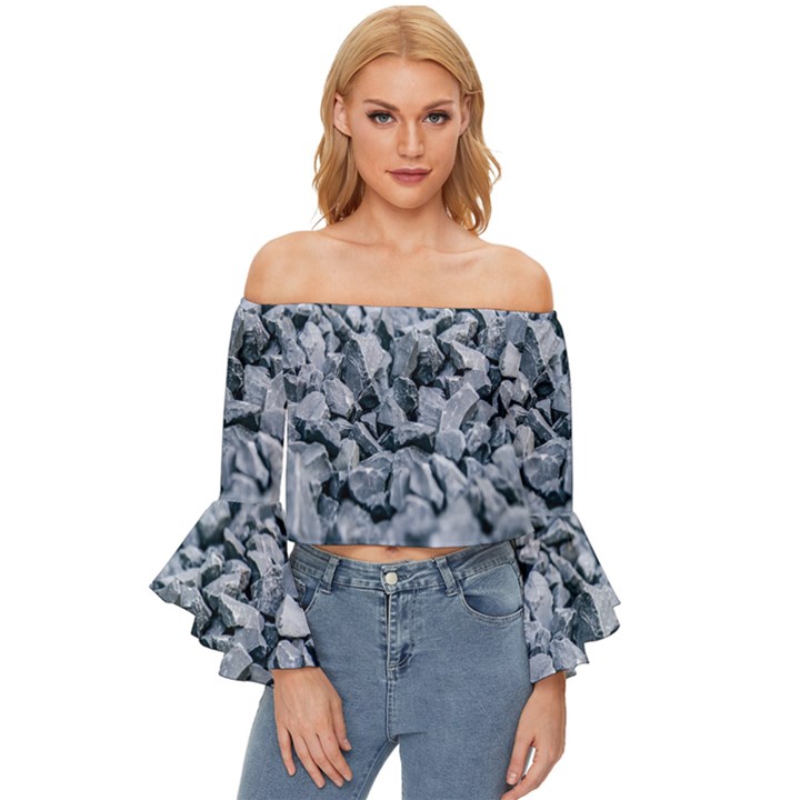 Rocks Stones Gray Gravel Rocky Material  Off Shoulder Flutter Bell Sleeve Top