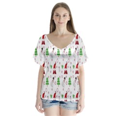 Santa Claus Snowman Christmas  V-neck Flutter Sleeve Top by artworkshop